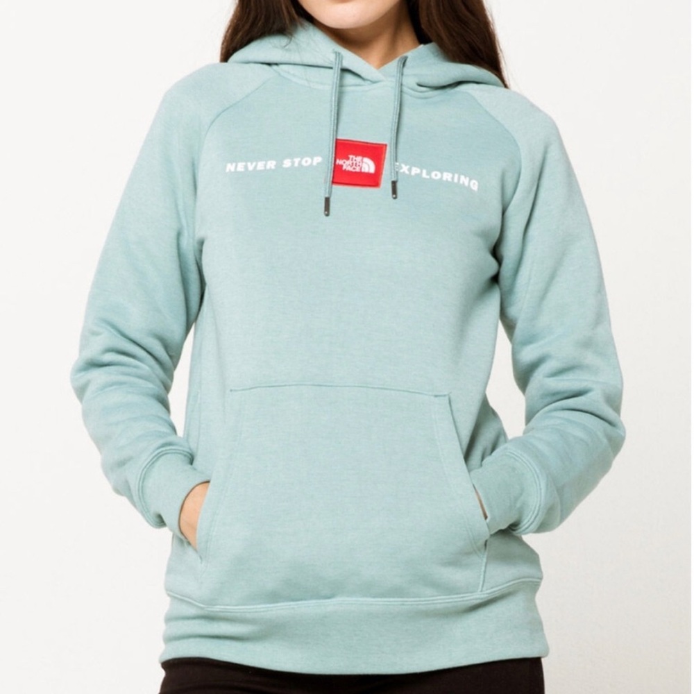 Northface Never Stop Exploring mint green/blue Hoodie with red patch